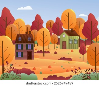 Autumn forest. Wooden houses. Cozy autumn in the forest. Bright and colorful trees, fallen leaves. Vector illustration