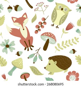 Autumn forest, woodland animals,leaves and flowers seamless pattern