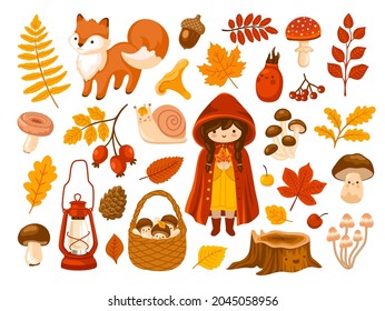 Autumn forest and woodland stickers pack. Big set of kawaii fall vector hand-drawn illustrations. Fox, fern, basket, mushrooms, foliage, winking snail, cute girl in red mantle and vintage lantern.