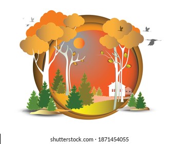 Autumn forest with yellowed trees and green firs, the sun in the gray sky, flying cranes and a lonely house in the distance. Vector illustration in paper cut style.