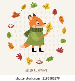 Autumn fox. Background with autumn leaves and fox