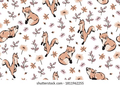 Autumn fox floral seamless vector pattern