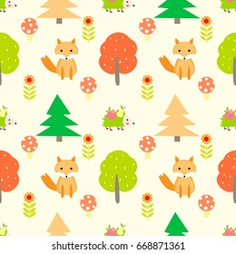 Autumn fox hedgehog seamless vector pattern