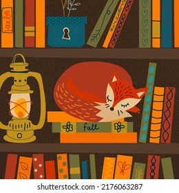 Autumn Fox, In Library Sleep On Books. Kerosene Lamp Lite, Cute Hygge Vector Illustration