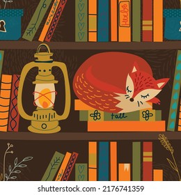 Autumn Fox, In Library Sleep On Books. Kerosene Lamp Lite, Cute Hygge Vector Illustration