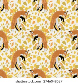 Autumn fox seamless pattern. Vector forest animal background with red foxes and yellow birch leaves for textile, wrapping paper, nursery decor and fall wallpaper.