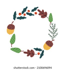 Autumn frame acorns leaves  hand drawn naive art