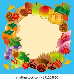 Autumn frame with apples, pine cones, acorns, squash, leaves and more. Colorful vector with area for text.