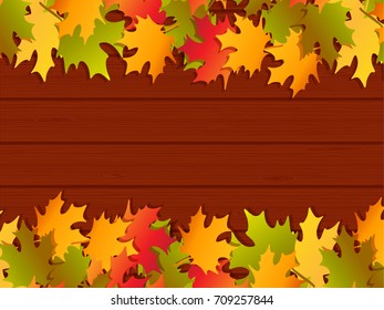 Autumn frame background. Design for poster, card or banner with fall maple leaves and wooden planks. Vector illustration.