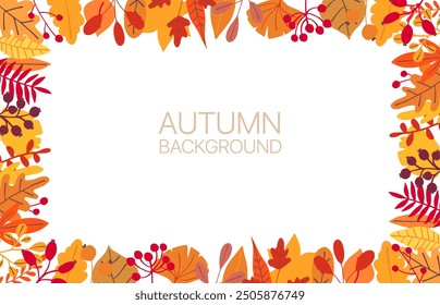Autumn frame background. Fall leaf thanksgiving border. Abstract leaves banner design. Floral frame pattern poster. Orange foliage season sale. Vector flat illustration 