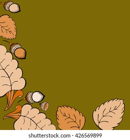 Autumn frame. Background with the leaves of birch, oak and acorns. Border leaves.
