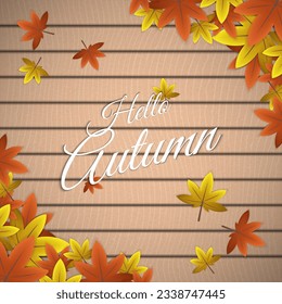 Autumn Frame Background with Leaves on Wood Table