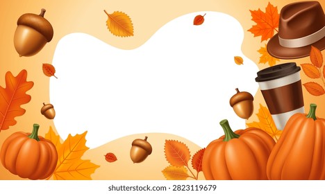 Autumn Frame Background with Pumpkins Coffee Cup Acorns Leaves and Copy Space