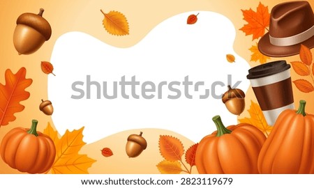 Autumn Frame Background with Pumpkins Coffee Cup Acorns Leaves and Copy Space