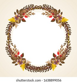 Autumn frame. Beautiful Floral vector golden geometric frame with autumn flowers, leaves and branches, isolated on white background. Autumn Frame Wedding Invitations with classic style and elegant.