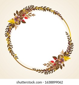Autumn frame. Beautiful Floral vector golden geometric frame with autumn flowers, leaves and branches, isolated on white background. Autumn Frame Wedding Invitations with classic style and elegant.