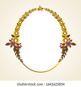 Autumn frame. Beautiful Floral vector golden geometric frame with autumn flowers, leaves and branches, isolated on white background. Autumn Frame Wedding Invitations with classic style and elegant.
