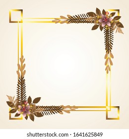 Autumn frame. Beautiful Floral vector golden geometric frame with autumn flowers, leaves and branches, isolated on white background. Autumn Frame Wedding Invitations with classic style and elegant.