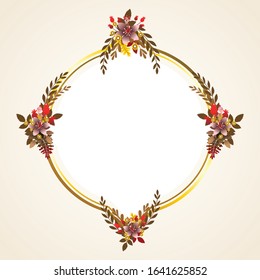 Autumn frame. Beautiful Floral vector golden geometric frame with autumn flowers, leaves and branches, isolated on white background. Autumn Frame Wedding Invitations with classic style and elegant.