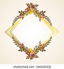 Autumn frame. Beautiful Floral vector golden geometric frame with autumn flowers, leaves and branches, isolated on white background. Autumn Frame Wedding Invitations with classic style and elegant.