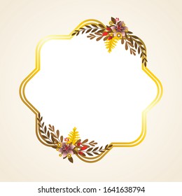 Autumn frame. Beautiful Floral vector golden geometric frame with autumn flowers, leaves and branches, isolated on white background. Autumn Frame Wedding Invitations with classic style and elegant.