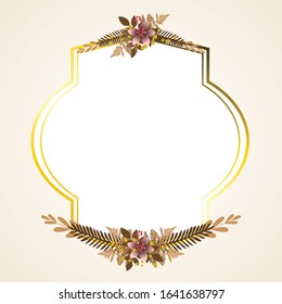Autumn frame. Beautiful Floral vector golden geometric frame with autumn flowers, leaves and branches, isolated on white background. Autumn Frame Wedding Invitations with classic style and elegant.