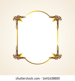 Autumn frame. Beautiful Floral vector golden geometric frame with autumn flowers, leaves and branches, isolated on white background. Autumn Frame Wedding Invitations with classic style and elegant.