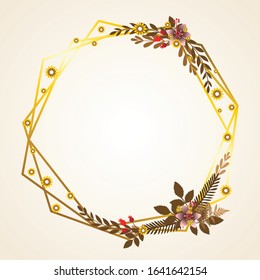 Autumn frame. Beautiful Floral vector golden geometric frame with autumn flowers, leaves and branches, isolated on white background. Autumn Frame Wedding Invitations with classic style and elegant.