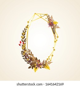 Autumn frame. Beautiful Floral vector golden geometric frame with autumn flowers, leaves and branches, isolated on white background. Autumn Frame Wedding Invitations with classic style and elegant.