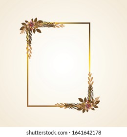 Autumn frame. Beautiful Floral vector golden geometric frame with autumn flowers, leaves and branches, isolated on white background. Autumn Frame Wedding Invitations with classic style and elegant.