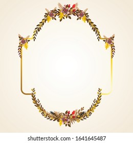 Autumn frame. Beautiful Floral vector golden geometric frame with autumn flowers, leaves and branches, isolated on white background. Autumn Frame Wedding Invitations with classic style and elegant.