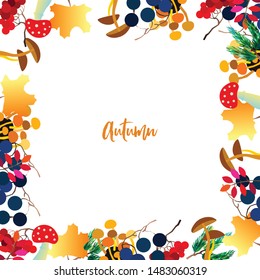 Autumn frame with berries, acorns, pine cone, mushrooms, branches and leaves. Fall colorful vector border on white background.
