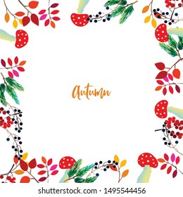 Autumn frame with berries, acorns, pine, mushrooms, branches and leaves. Fall colorful vector border on white background.
