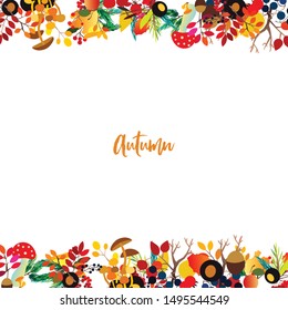 Autumn frame with berries, acorns, pine, mushrooms, branches and leaves. Fall colorful vector border on white background.