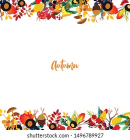 Autumn frame with berries, acorns, pine cone, mushrooms, branches and leaves. Fall colorful vector border on white background.