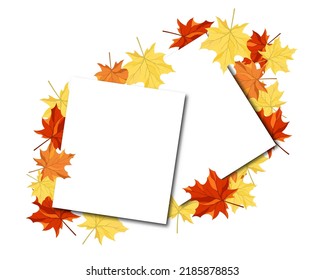 Autumn  Frame With Blank Sheet of Paper and Maple Leaves Over and Under It.  Over White Background. Elegant Design with Text Space and Ideal Balanced Colors. Vector Illustration.