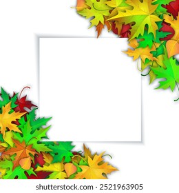 Autumn Frame With Blank Sheet of Paper and Leaves Over and Under It. Over White Background. Elegant Design with Text Space . Vector Illustration