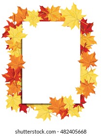 Autumn  Frame With Blank Sheet of Paper and Maple Leaves Over and Under It.  Over White Background. Elegant Design with Text Space and Ideal Balanced Colors. Vector Illustration.