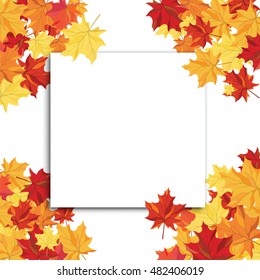 Autumn  Frame With Blank Sheet of Paper and Maple Leaves Over and Under It.  Over White Background. Elegant Design with Text Space and Ideal Balanced Colors. Vector Illustration.