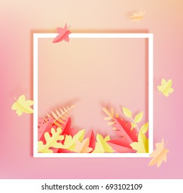 Autumn frame and blank space with maple leaves paper art style and beautiful pastel color background vector illustration