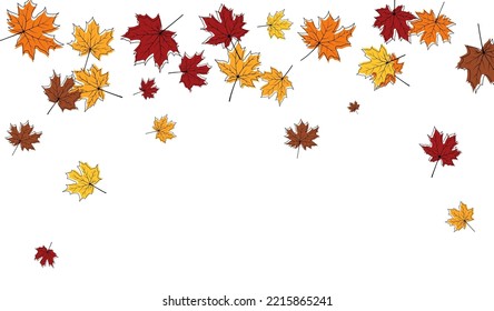 Autumn frame with blowing maple leaves over white Background. Elegant maple fall sketch doodle design. Vector Illustration.