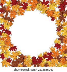 Autumn frame with blowing maple leaves over white Background. Elegant maple fall sketch doodle design. Vector Illustration.