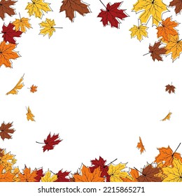 Autumn frame with blowing maple leaves over white Background. Elegant maple fall sketch doodle design. Vector Illustration.