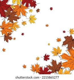 Marco otoñal con hojas de arce soplando sobre fondo blanco. Elegante diseño de doodle de arce otoño. Ilustración vectorial.