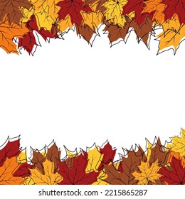 Autumn frame with blowing maple leaves over white Background. Elegant maple fall sketch doodle design. Vector Illustration.