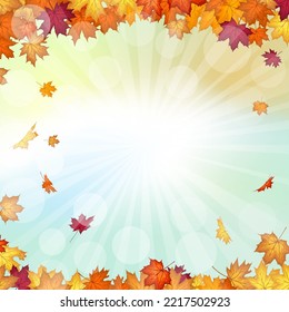 Autumn frame with blowing maple leaves over fall vanilla sky background with sunlight rays and glows. Elegant warm autumn leaf design. Vector illustration.