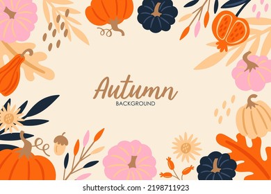Autumn frame border banner design with pumpkin; leaves and berries. Childish print for cards, poster and background. Vector Illustration