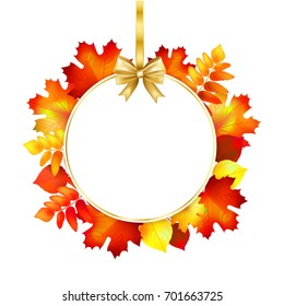 Autumn frame with bow and colorful  leaves. Vector illustration.