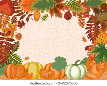 autumn frame, a lot of bright fallen leaves, pumpkins and rowan berries in border with a empty center. colorful vector illustration on an autumn theme