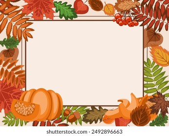 autumn frame, a lot of bright fallen leaves, pumpkins and rowan berries in border with a empty center. colorful vector illustration on an autumn theme